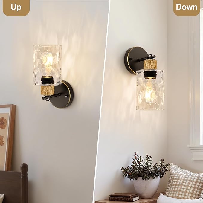 Set of 2 Wall Sconces for Bathroom, Coastal Modern Vanity Lights with Clear Glass Shade, Brown and Gold Bathroom Wall Lamp for Mirror Kitchen Living Room Hallway Cabinet Porch