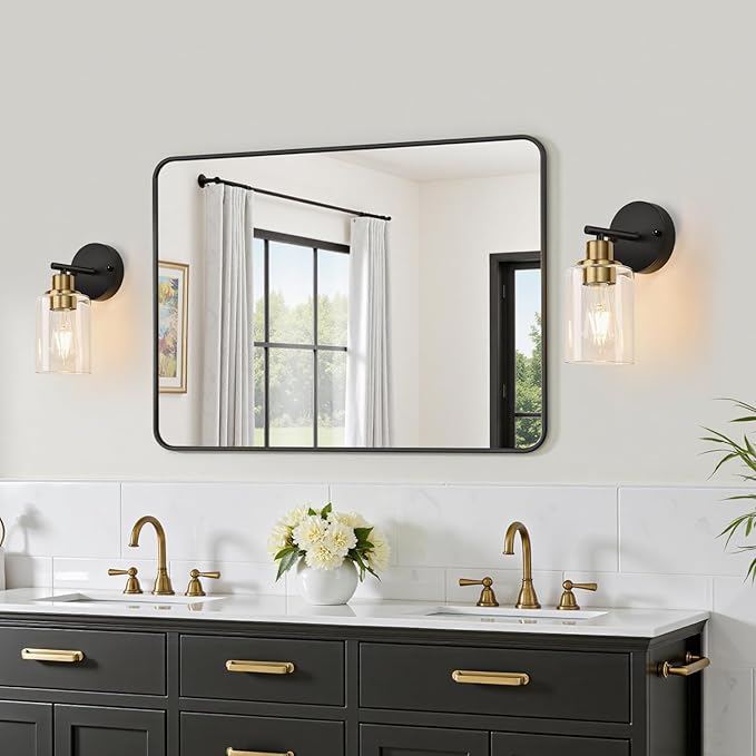 Zarbitta Set of 2 Wall Sconces for Bathroom, Black and Gold Modern Vanity Lights with Clear Glass Shade,Bathroom Wall Lamp for Mirror Kitchen Living Room Hallway Cabinet Porch