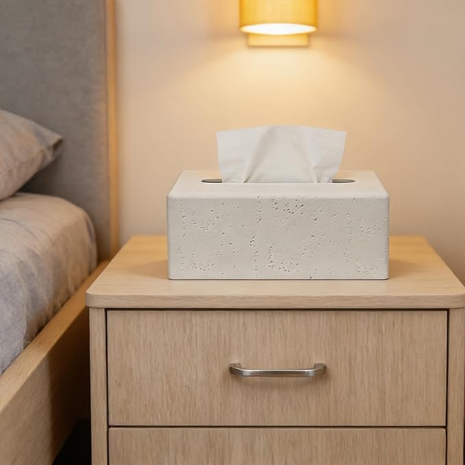 Tissue Box Cover Rectangle, Resin Decorative Facial Tissue Holder Covers Toilet Paper Holder Travertine Stone Look Paper Dispenser Home Decor for Bathroom Bedroom Living Room Office - Off White