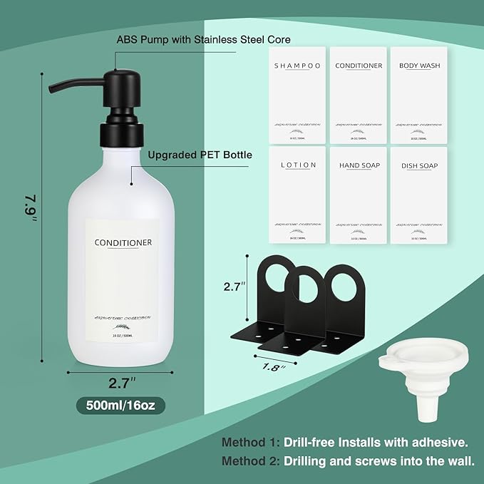 Supforce Shampoo Dispenser for Shower Wall Mount, No Drill Shampoo and Conditioner Dispenser with Matte Pump and Waterproof Labels, Shower Soap Dispenser Wall Mounted for Home Bathroom - White