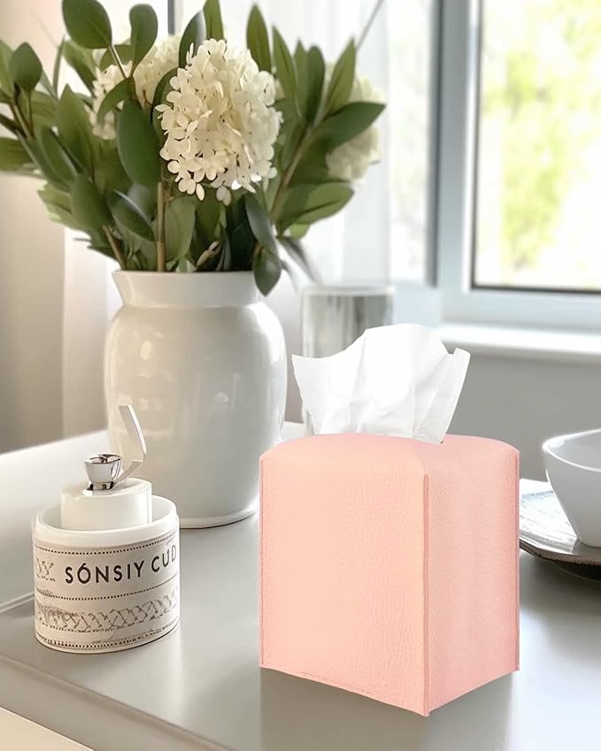 Pink Tissue Box Cover Leather – with Bottom Belt [JESMINI] Decorative Modern PU Leather Tissue Box Holder for Bathroom Vanity/Night Stands/Office