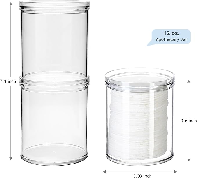 SheeChung 2-Pack Stackable Clear Qtip Holder - 10oz Crystal Apothecary Jars with Storage Lids - Clear Plastic Bathroom Countertop Organizer for Cotton Balls, Swabs, Pads - Pinterest Style Decor