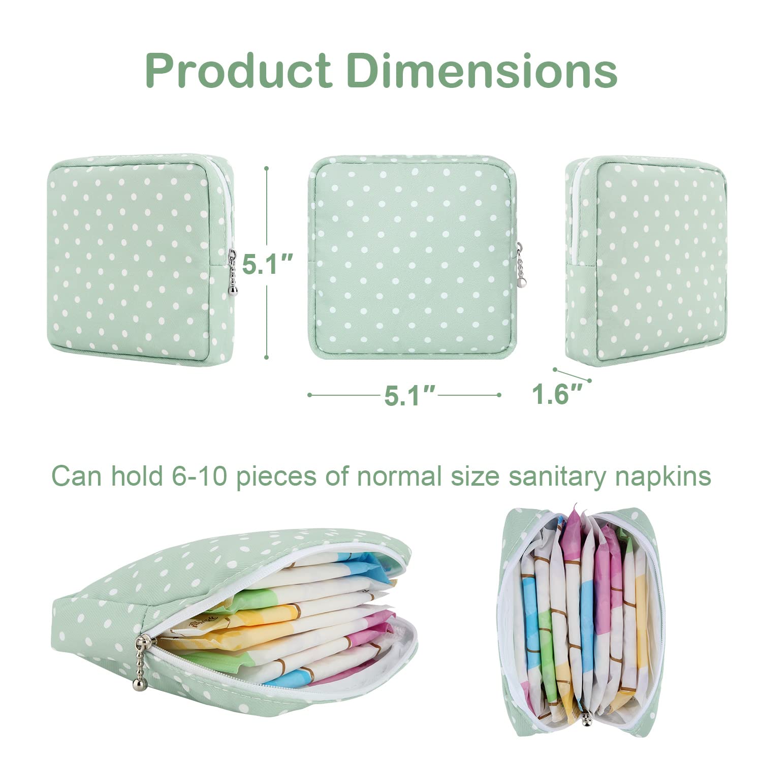 Desing Wish Sanitary Pad Storage Bag Portable Period Bag for Teen Pads/Sanitary Napkins/Small Tampons, Sanitary Napkin Storage Bag First Period Gifts for Teen Girls (Green Dot)