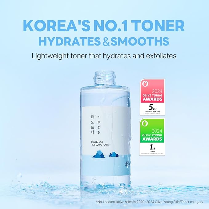 ROUND LAB 1025 Dokdo Toner 16.91 Fl Oz, Oil Control and Reduces Excess Sebum, Gentle Exfoliating Facial Toner, Deep Sea Water for Moisturization, Soft Finish Without Stickiness, Korean Skin Care