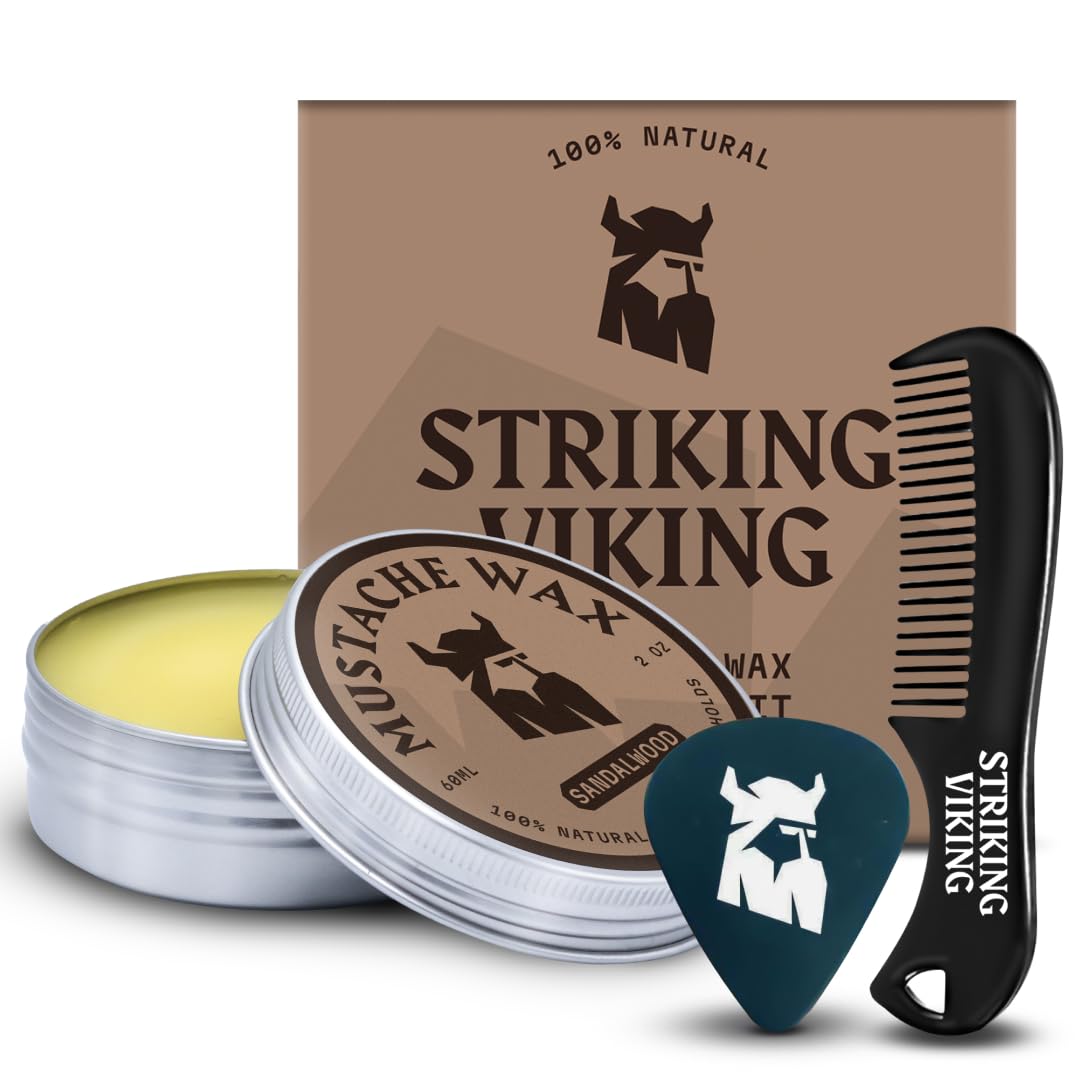 Striking Viking Mustache Wax Kit with Comb - 2 Oz, Sandalwood, Strong Hold