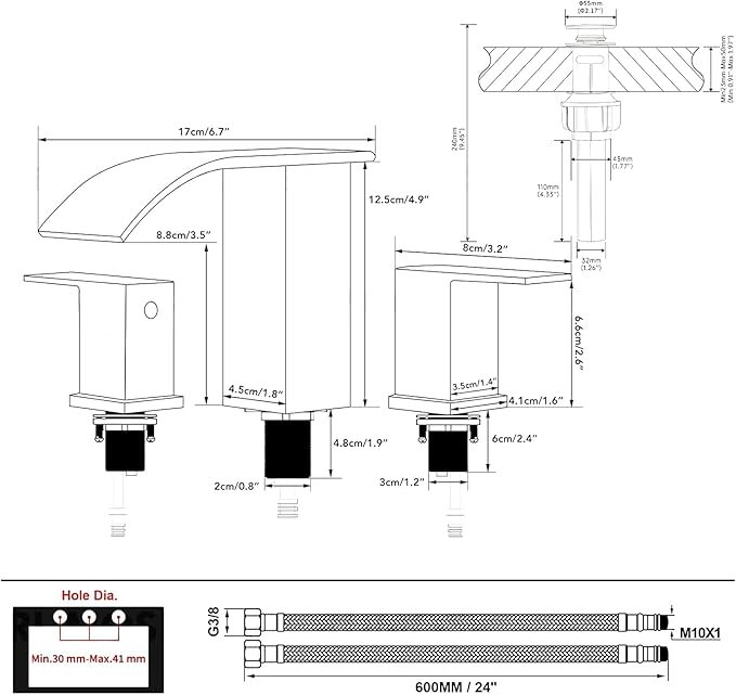 RUMOSE LED Bathroom Faucets Set Brushed Nickel 8 inch Bathroom Sink Faucet 3 Hole with Pop Up Drain Widespread Waterfall Vanity Faucet with 3 Colors Light Changing Stainless Steel Deck Mounted