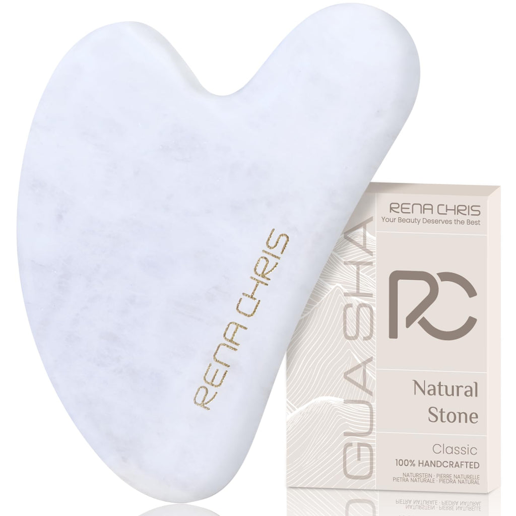 Rena Chris Gua Sha Facial Tools: Natural Jade Stone Guasha Tool for Face Acupuncture Therapy, Facial Massager for Jawline Sculpting and Puffiness Reducing (White)