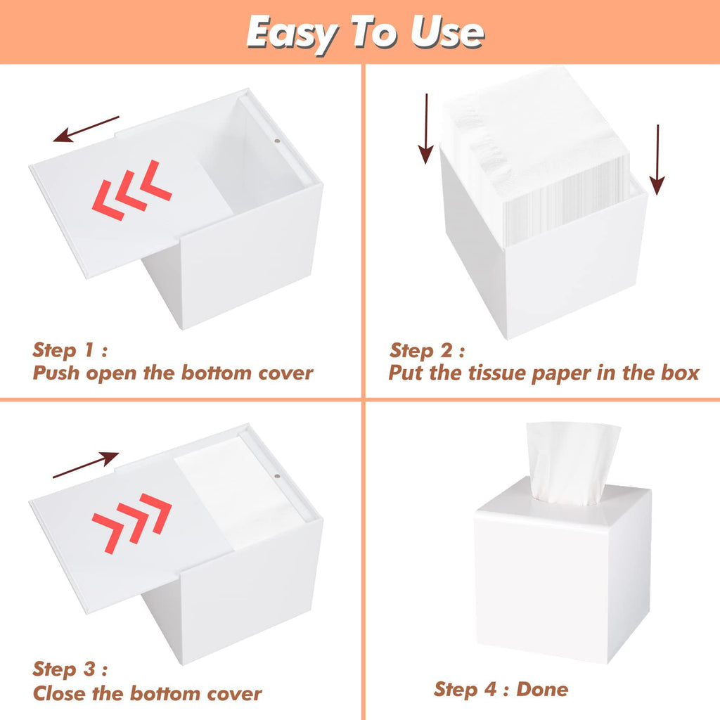 Kamehame Tissue Box Cover Square Acrylic Tissue Holder 5.25x5.25x5.5 Inch White Dryer Sheet Holder Container Tissue Dispenser for Home Bathroom Kitchen and Office