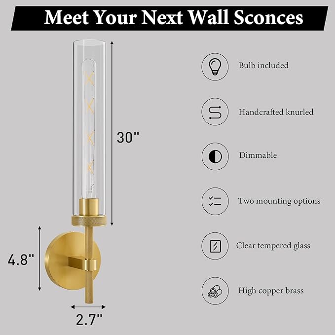 Brass Knurled Tube Wall Sconce - Luxury Modern Glass Sconces with Bulbs - Vertical Mounted Light Fixture - Gold Dimmable Indoor Lighting for Vanity Mirror Bathroom Bedroom Living Room Hallway