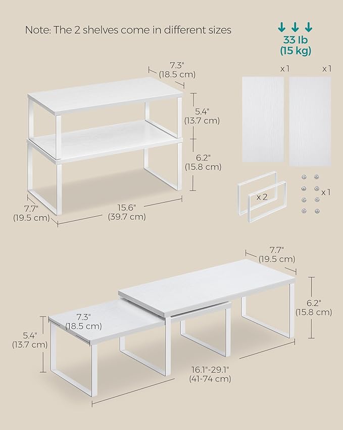 SONGMICS Cabinet Organizer Shelf, Set of 2 Kitchen Counter Shelves, Kitchen Storage, Spice Rack, Stackable, Expandable, Metal and Engineered Wood, 15.6 Inches, Cloud White and Snow White UKCS025W01