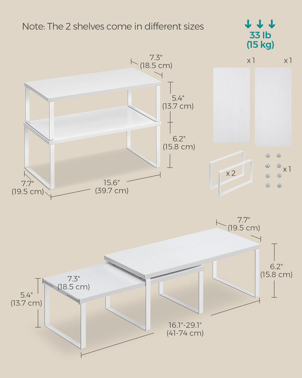 SONGMICS Cabinet Organizer Shelf, Set of 2 Kitchen Counter Shelves, Kitchen Storage, Spice Rack, Stackable, Expandable, Metal and Engineered Wood, 15.6 Inches, Cloud White and Snow White UKCS025W01