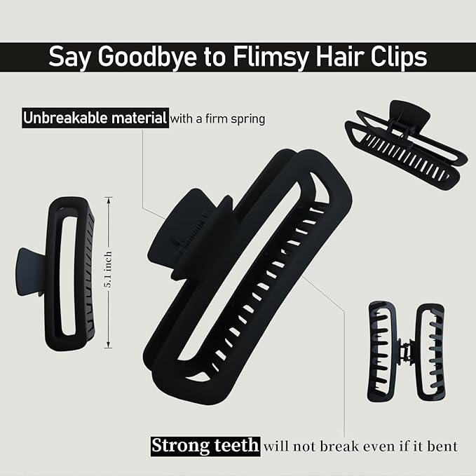 Nalodu 5 Inch Large Hair Claw Clips, No Slip Matte Square XL Hair Clips for Thick Long Curly Hair, Women's Big Rectangle Strong Clips, 4 Pack