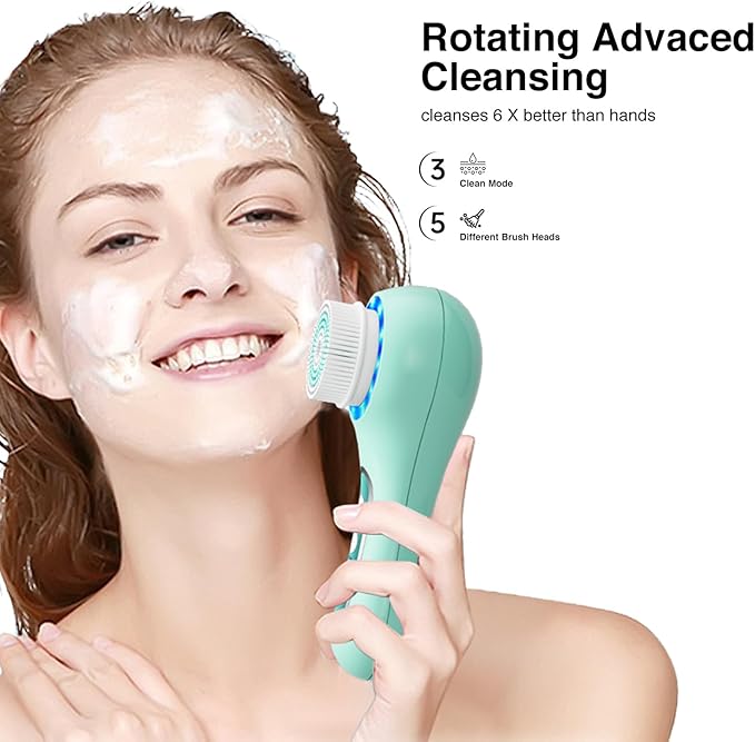 Electric Facial Cleansing Brush, 2-Way Rotating Face Scrubber for Daily & Deep Cleaning, 3 Modes, 5 Brush Heads, Rechargeable, IPX7 Waterproof for All Skin Types