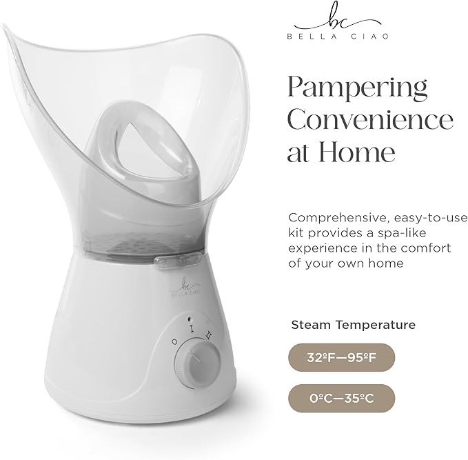 Bella Ciao Face Steamer - Facial Steamer, 11-Piece Home Spa Kit, Nano Ionic Warm Mist, Skin Prep for Serums & Masks, Spa Day Essentials, Facial Kit, Pink White, Corded Electric