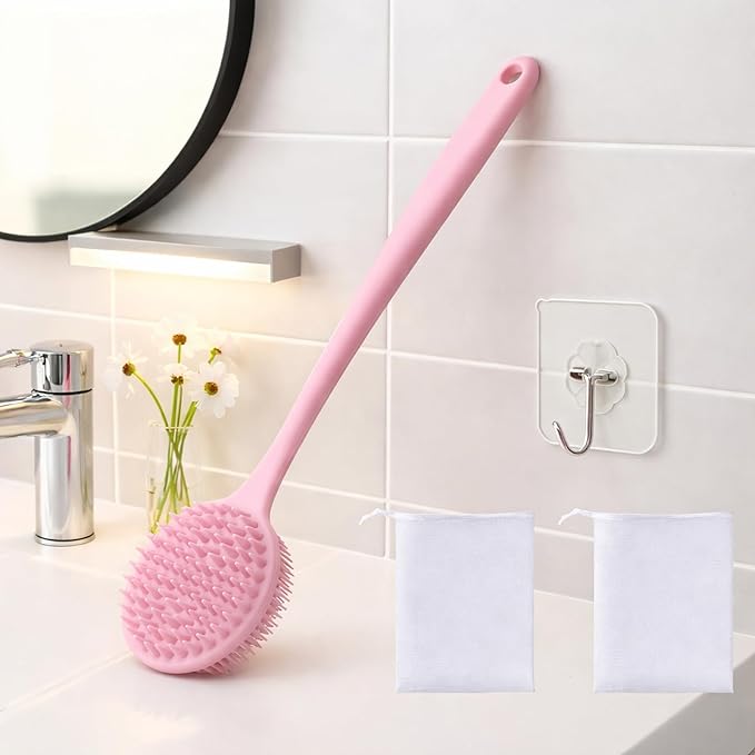 YouthRun Silicone Body Scrubber for Shower Men Women – Dual-Sided Exfoliating & Massage Shower Brush with Long Handle, Creates Rich Lather, Includes 1 Hook & 2 Lather Balls (Pink).
