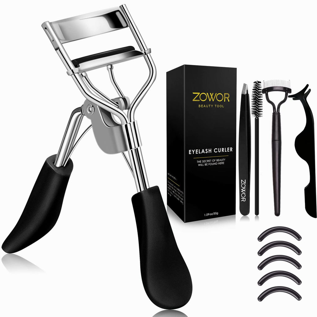 Zowor Eyelash Curler with Comb and Brush Fit All Eye Shape Curved Eyelash Curlers with 6PCS Silicone Refill Pad,Natural and Long Lasting Lash Curler for Women Make Up Gift(Black)