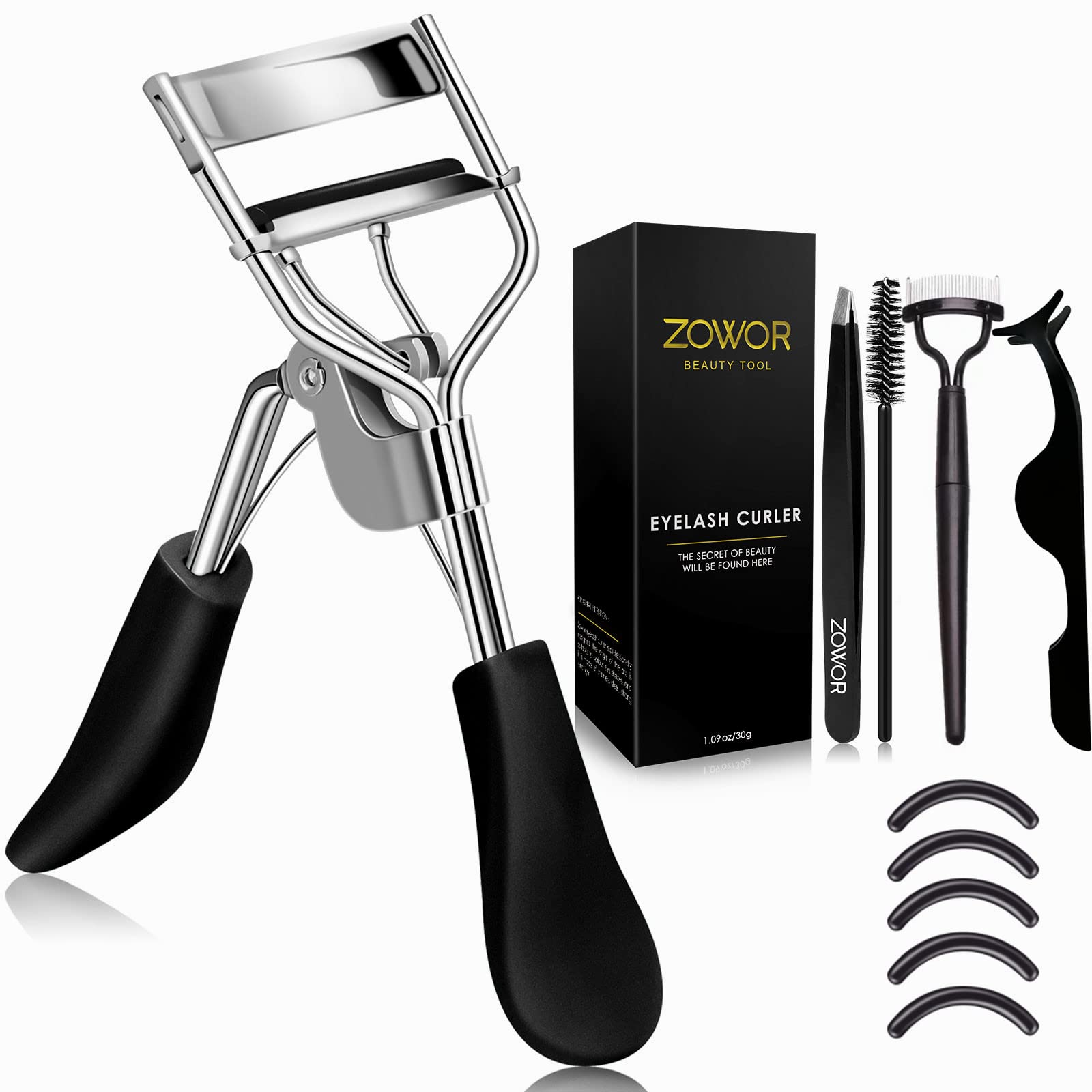 Zowor Eyelash Curler with Comb and Brush Fit All Eye Shape Curved Eyelash Curlers with 6PCS Silicone Refill Pad,Natural and Long Lasting Lash Curler for Women Make Up Gift(Black)