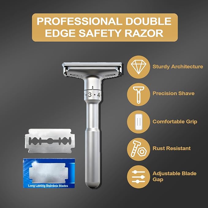 Travel Double Edge Safety Razor, Classic Safety Shaver Razor with Long Handle Adjustable (Razor with Beard Shaping Tool and Hot Compress Shaving Towel)