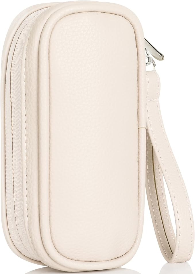 Teircno Portable Tampon Organizer Bag, Beige PU Pouch with Handle and Zipper for Women's Period Products