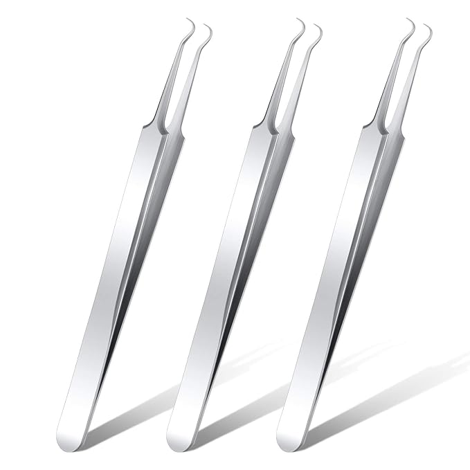 Honoson 3 Pcs Blackhead Tweezer Stainless Steel Pimple Tweezers Tool for Remove Zit Whitehead Pimple Bend Curved Extractor Tweezer Skin Blackhead Remover Tools(Silver)