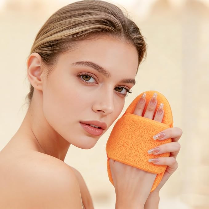 Extra Large Face Scrubber Exfoliator Sponges 3-Pack, Reusable Face Wash Pads with Hand Strap, Exfoliating Facial Sponge Reusable Face Scrub Pads for Daily Cleansing(Pink Orange Green)