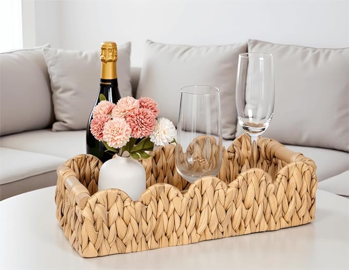 Wicker Bathroom Basket Tray Organizer w/Scalloped for Toilet Paper, 2PCS Rattan Decorative Basket for Bathroom Decor, Farmhouse Home Decor, Living Room and More, Natural Water Hyacinth