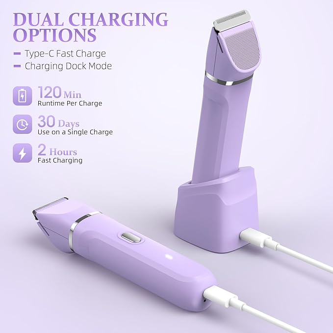 HOHOLE 5-in-1 Bikini Trimmer for Women, IPX7 Waterproof Electric Razors Shaver, Cordless Body Hair Trimmer, Facial & Pubic Hair Removal, Ceramic Blade (Purple)