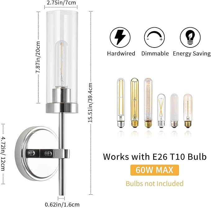 WILON Modern Wall Sconces Set of 2, Chrome Bathroom Light Fixture with Long Clear Glass Shades, Indoor Siver Wall Lamp for Vanity Mirror Bedroom Living Room Bedside Hallway Corridor Stairs