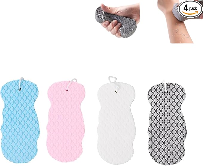 4Pcs Magic Exfoliating Bath Sponge,3D Super Soft Exfoliating Bath Sponge,Softens When in Contact with Water and can be reused.(Blue+Pink+Gray+White)