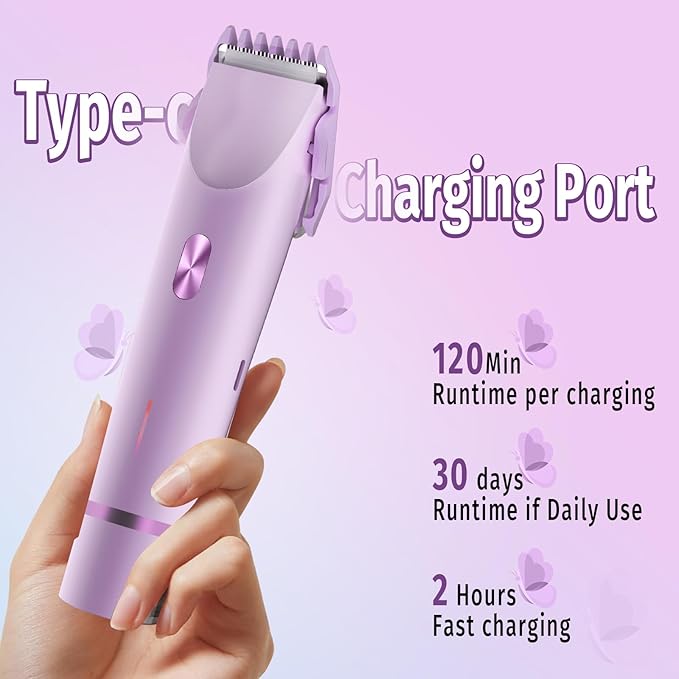 Bikini Trimmer for Women, 2 in 1 Electric Razor & Bikini Shaver for Womens IPX7 Waterproof Body Hair Trimmer and Facial Hair Remover,Purple