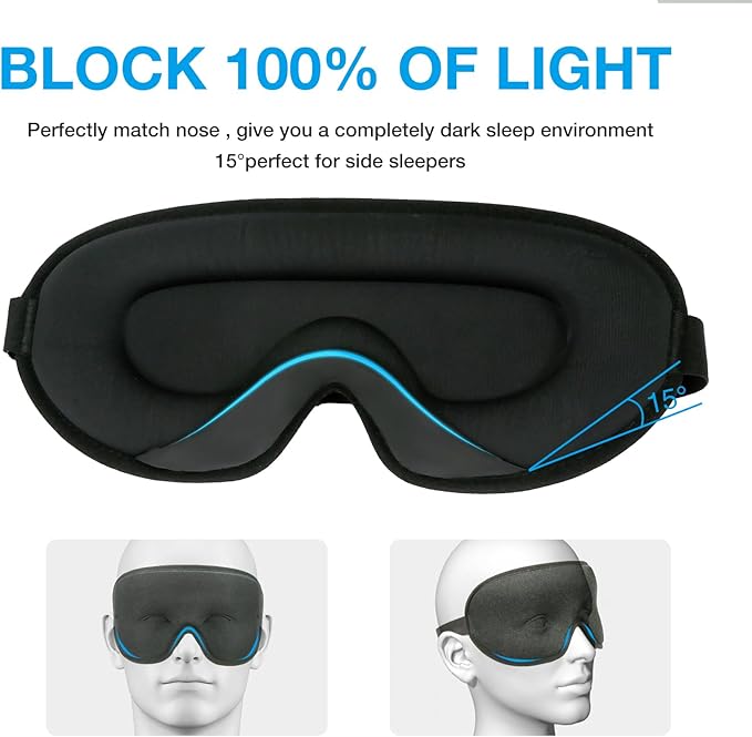 LYSIAN 3D Sleep Mask for Side Sleepers, Blackout Eye Mask with No Pressure on Eyes, Adjustable Comfortable Blindfold with 5 Pairs of Ear Plugs for Sleeping, Travel, Nap, Black