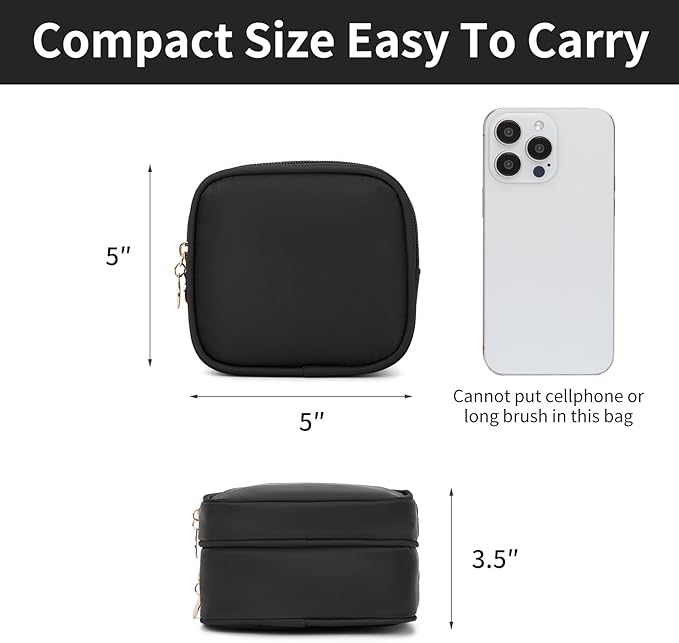 XIAOLER Small Makeup Pouch, Double Zipper Cosmetic Bag, Travel Makeup Bag, Cute Makeup Bag for Purse, Mini Toiletry Bag (Black)