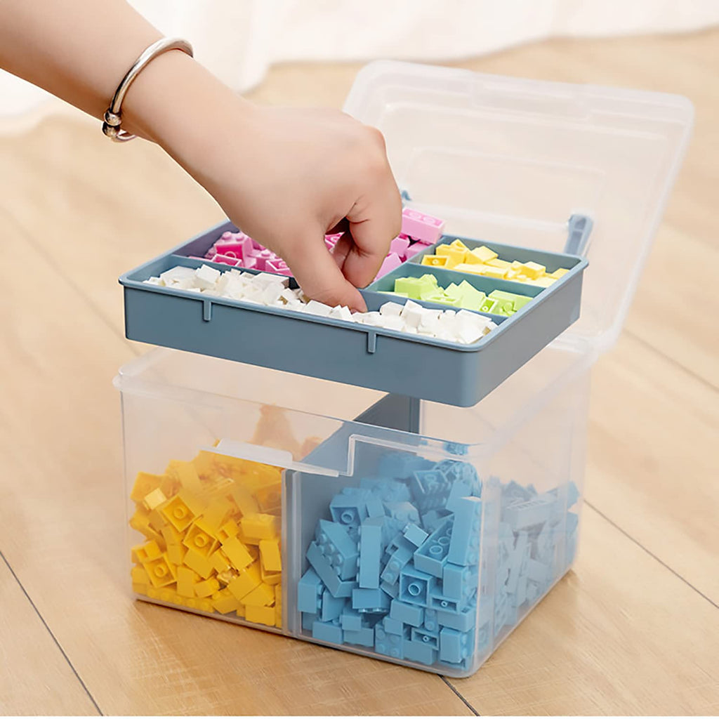 FOREVERIE Clear Small Plastic Storage Box with Handle & A Removable Tray & Adjustable Divider, Kids Students Children Art Box, Desk Organiser Case, Medicine Storage Box (Clear & Ocean Blue)
