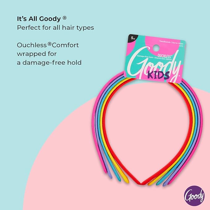 Goody Kids Ouchless Classic Headband , Assorted Colors - For All Hair Types - Beautiful Design for Instant Style - Pain-Free Hair Accessories for Boys, and Girls, 5 Count (Pack of 1)