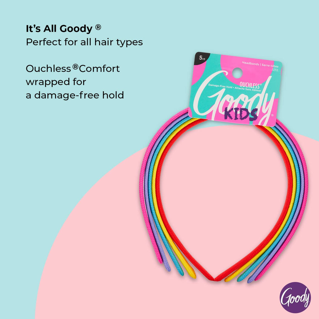 Goody Kids Ouchless Classic Headband, Assorted Colors - For All Hair Types - Beautiful Design for Instant Style - Pain-Free Hair Accessories for Boys, and Girls, 5 Count (Pack of 1)