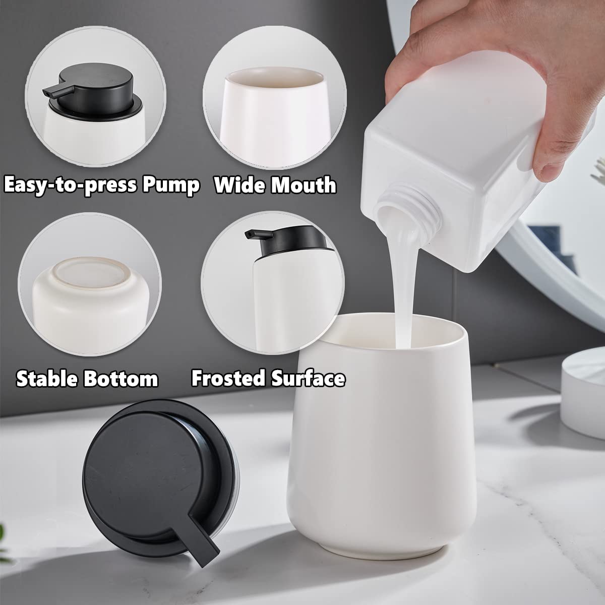 12Oz White Soap Dispenser - Modern Ceramic Lotion Hand Soap Dispenser with Easy-to-Press Black Pump, Reusable and Refillable Liquid Dish Soap Dispensers for Bathroom & Kitchen