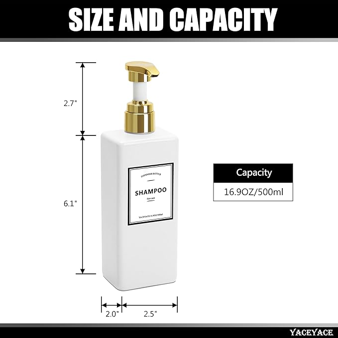 White With Gold Pump Shampoo Bottles Set of 3, 500ml Refillable Shower Dispenser, Rectangular Plastic Bottles with Pump, Glass & Metal Free