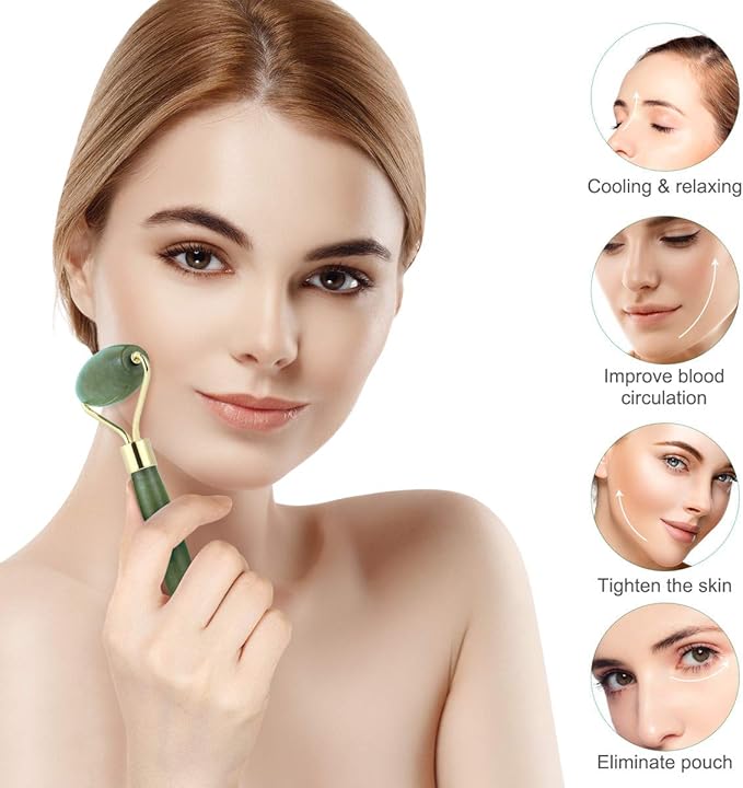 rosenice Jade Stone Gua Sha Facial Massage Tool Set Face Massager Roller and Scraping Plate for Neck Face and Daily Skin Care Routine Green Set 5.90 X 1.96 X 1.18 in
