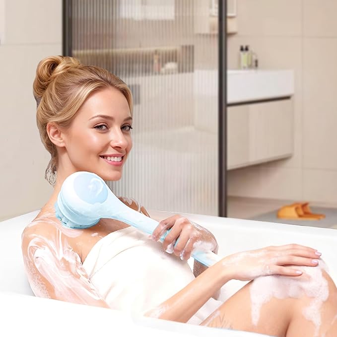 Oh,XIYU. Electric Body Brush Back Scrubber for Shower, Waterproof Long Dual Handle Power Body Scrubber with 3 Heads, Bath Brush & 2 Speeds, for Cleansing, Exfoliating and Massaging Skin, Sky Blue