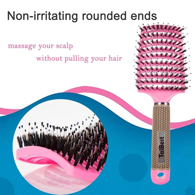TaiBest Boar Bristle Brush Set - Dry/Wet Detangler for Fine, Thick, Curly Hair - Curved and Vented Brush for Women, Men or Kids