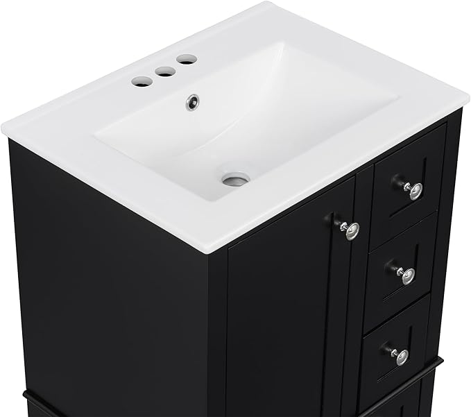Bellemave 24" Bathroom Vanity with Sink Combo Set, Solid Wood Frame Bathroom Storage Cabinet with 3 Drawers, Soft Closing Cabinet Door with Organizer, Black