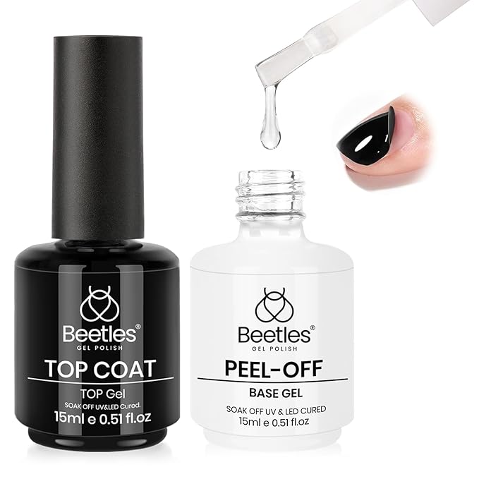 Beetles 2Pcs 15ml Peel Off Base Coat and Top Coat Set, Easy Removal Gel Nail Polish, UV LED Lamp Cured Base, Without Damage for Beginners Weak Thin Nails