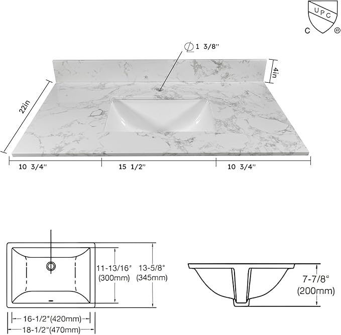 Montary 36" Bathroom Vanity with 37" Artificial Marble Carrara White Top, Modern Stylish MDF Bathroom Storage Cabinet, Freestanding Vanity Set with One Cabinet & 3 Drawers, White (Single Hole)