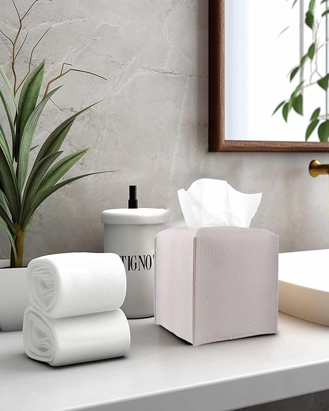 Light Purple Tissue Box Cover Square – with Bottom Belt [JESMINI] Modern PU Leather Tissue Box Holder Decorative for Bathroom Vanity Countertop/Night Stands/Office Desk, 5x5x5