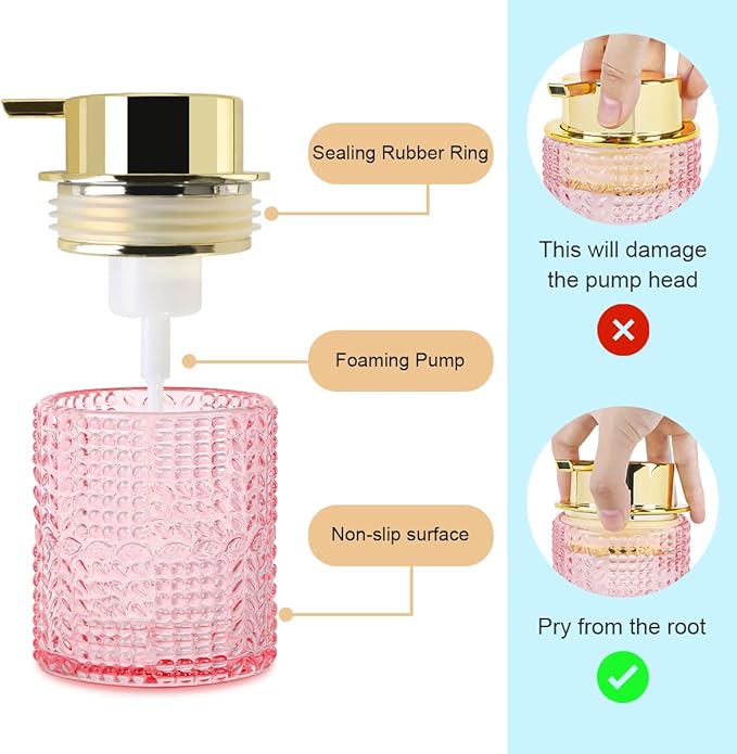 Fvstar Glass Foaming Soap Dispenser,10oz Refillable Bathroom Foam Hand Soap Dispenser for Bathroom Countertop Kitchen (1, Pink)