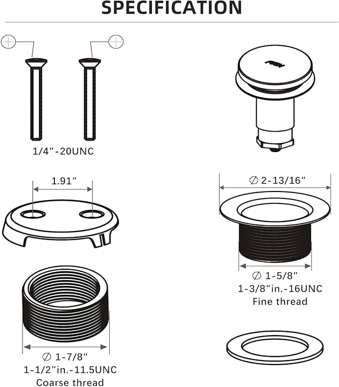 All Metal Tip-Toe Bathtub Drain Kit with Two-Hole Overflow Faceplate and Universal Fine/Coarse Thread Assembly, Bath Tub Drain Kit fits All Bathtub -Chrome Plated