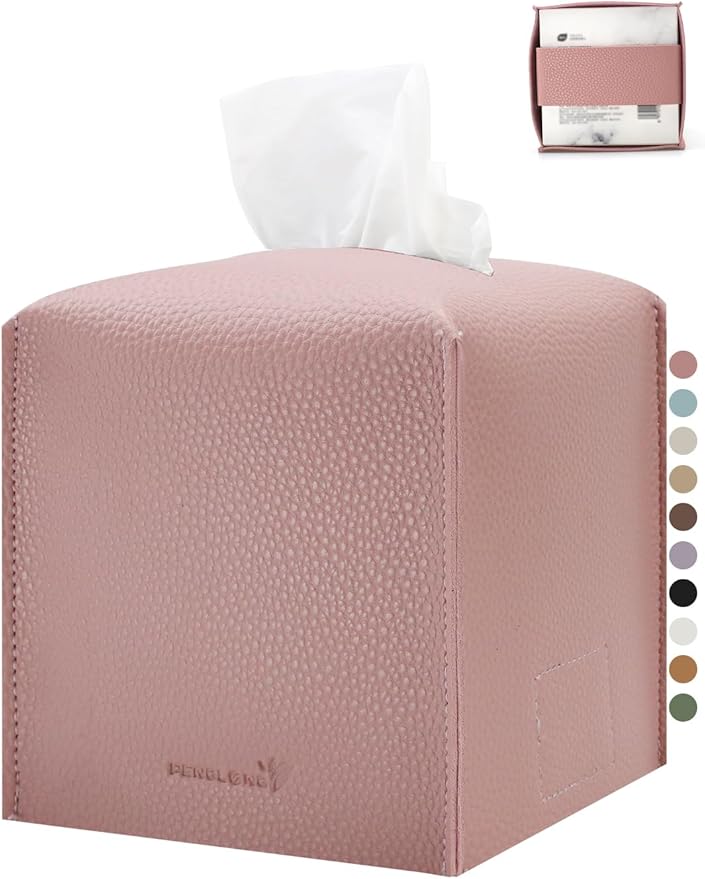 PENGLONG Tissue Box Cover 5X5X5'' PU Leather Tissue Holder Square Tissue Cube Box Organizer for Bathroom Vanity Countertop, Car, Night Stands, Office, Home, Kitchen (1Pack, Pretty Pink)