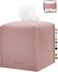 PENGLONG Tissue Box Cover 5X5X5'' PU Leather Tissue Holder Square Tissue Cube Box Organizer for Bathroom Vanity Countertop, Car, Night Stands, Office, Home, Kitchen (1Pack, Pretty Pink)