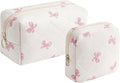 RSRSLEII 2 Pcs Quilted Cotton Makeup Bag Set, Small Aesthetic Cosmetic Bag with Bow Pattern, Cute Makeup Pouch for Purse, Kawaii Trendy Preppy Travel Toiletry Bag for Women and Girls(19 Pink Bow Set)