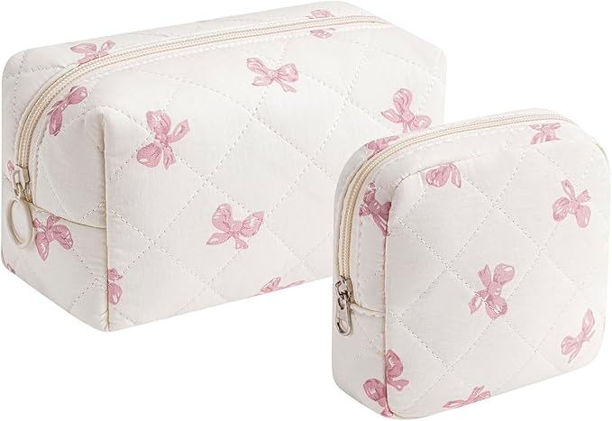 RSRSLEII 2 Pcs Quilted Cotton Makeup Bag Set, Small Aesthetic Cosmetic Bag with Bow Pattern, Cute Makeup Pouch for Purse, Kawaii Trendy Preppy Travel Toiletry Bag for Women and Girls(19 Pink Bow Set)
